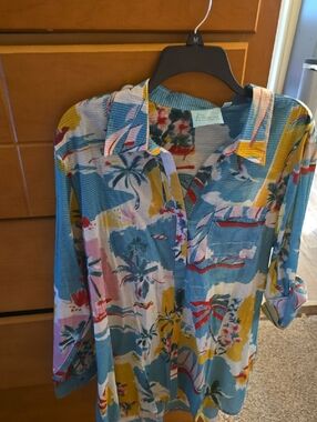 True Destinations Tropical Print Lightweight Button-Up Shirt - Teal & Multi